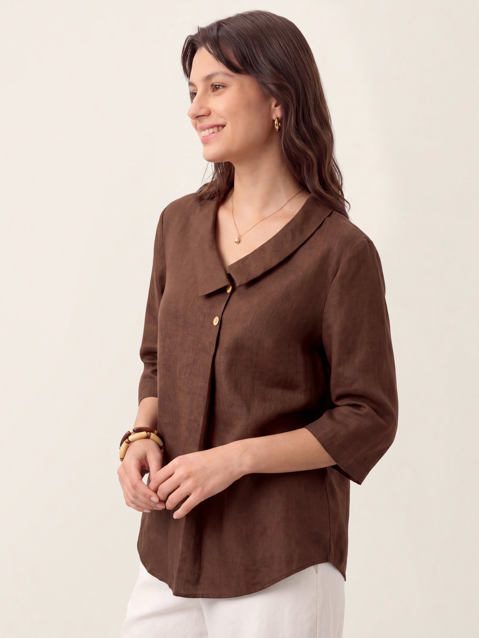 Women's 100% Linen Long-Sleeve Top with Asymmetric Neckline and Inverted Pleat