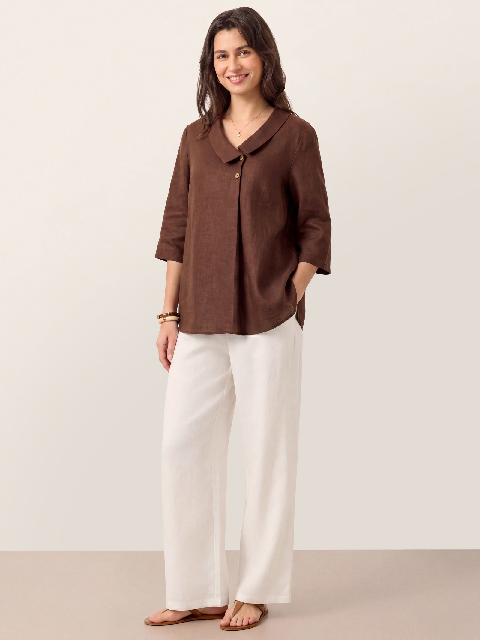 Women's 100% Linen Long-Sleeve Top with Asymmetric Neckline and Inverted Pleat