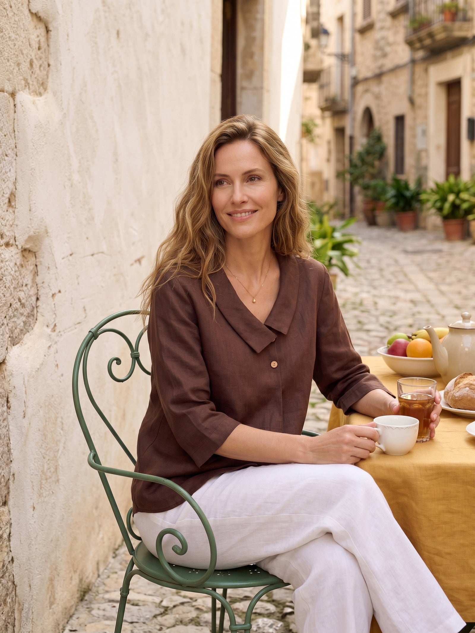 Women's 100% Linen Long-Sleeve Top with Asymmetric Neckline and Inverted Pleat
