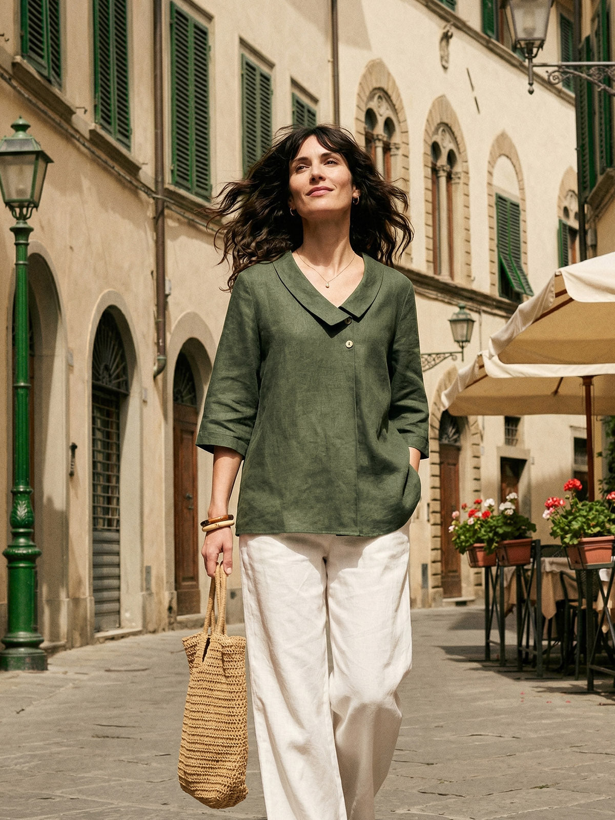 Women's 100% Linen Long-Sleeve Top with Asymmetric Neckline and Inverted Pleat