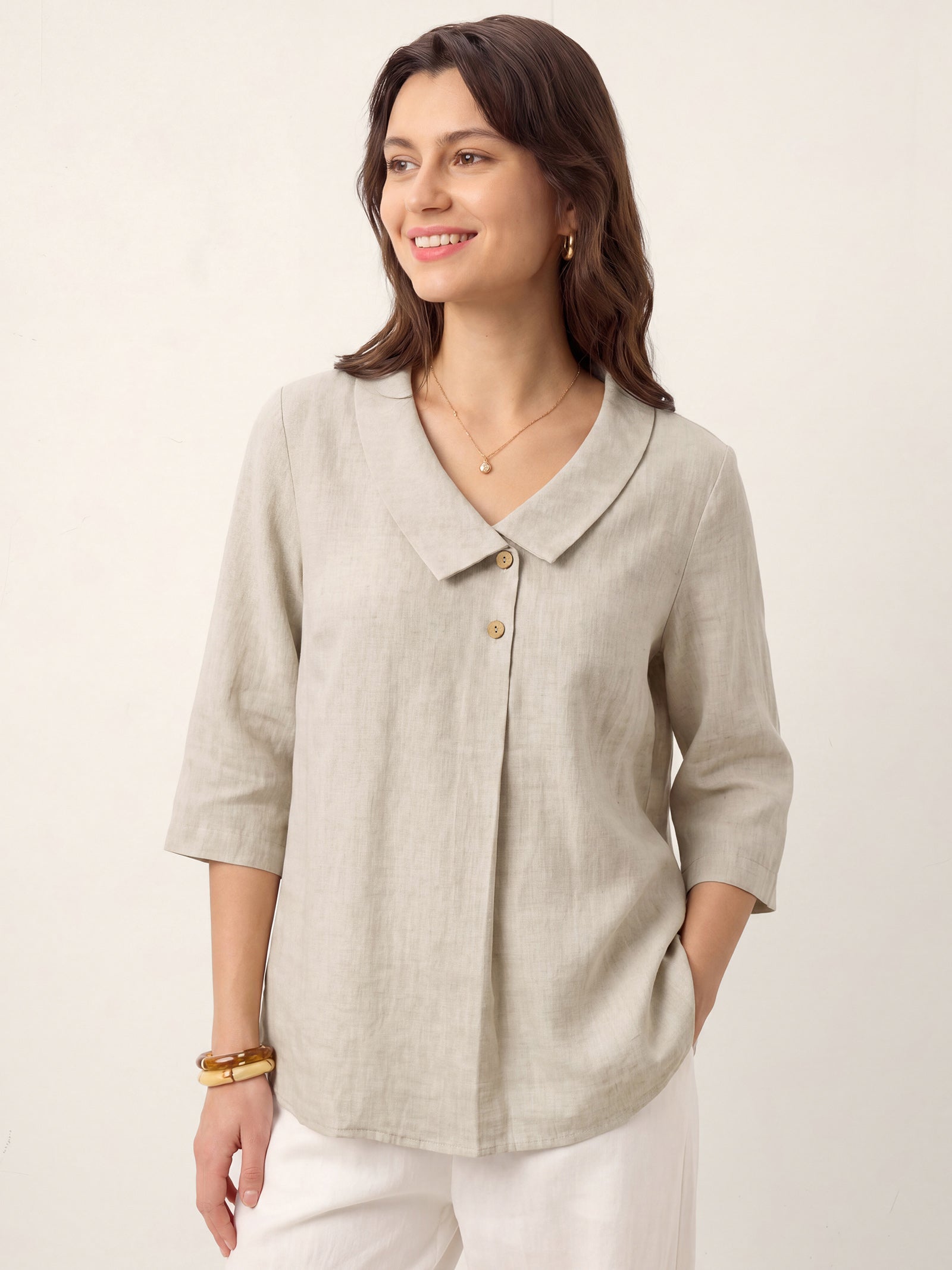 Women's 100% Linen Long-Sleeve Top with Asymmetric Neckline and Inverted Pleat