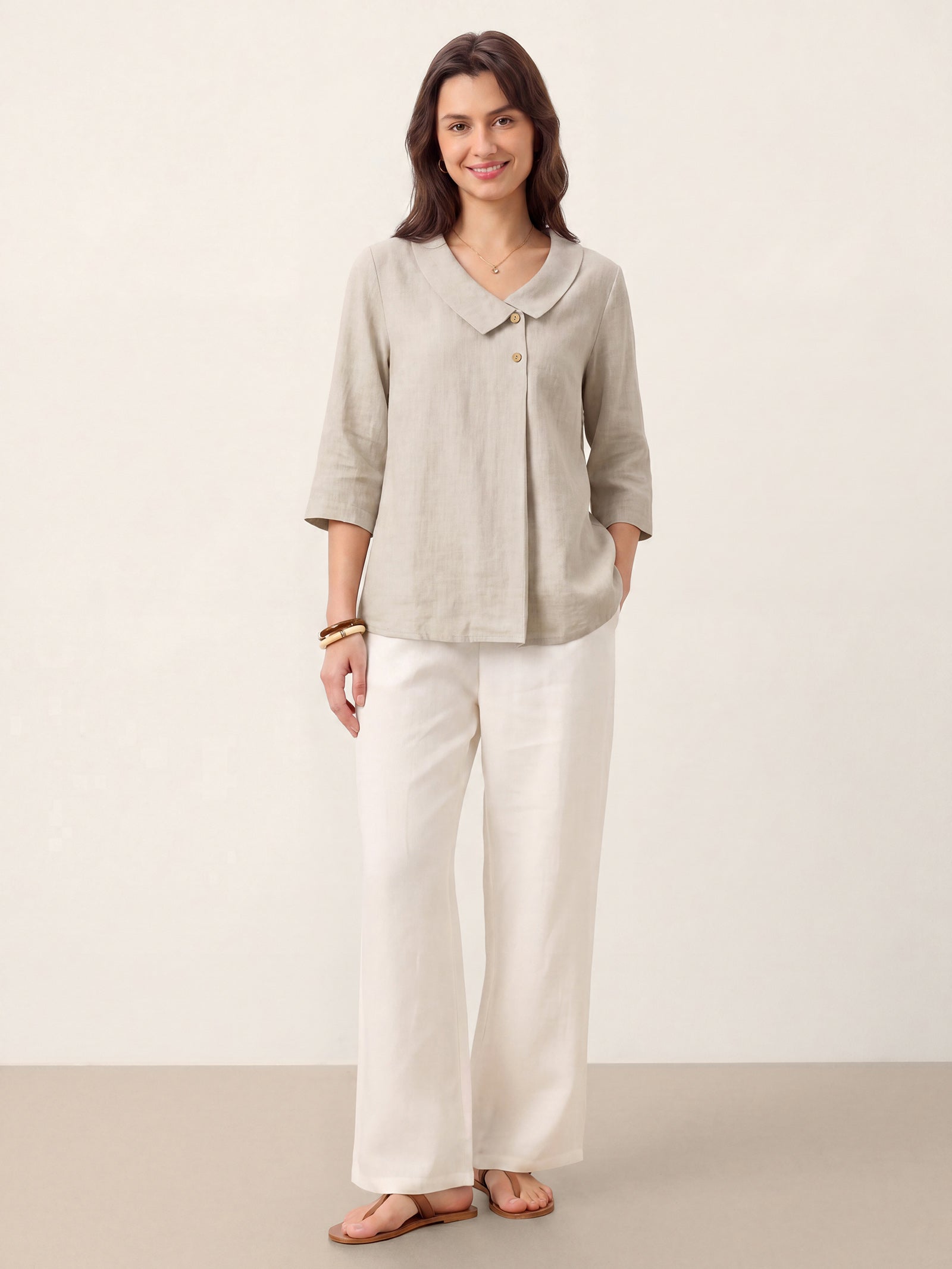 Women's 100% Linen Long-Sleeve Top with Asymmetric Neckline and Inverted Pleat