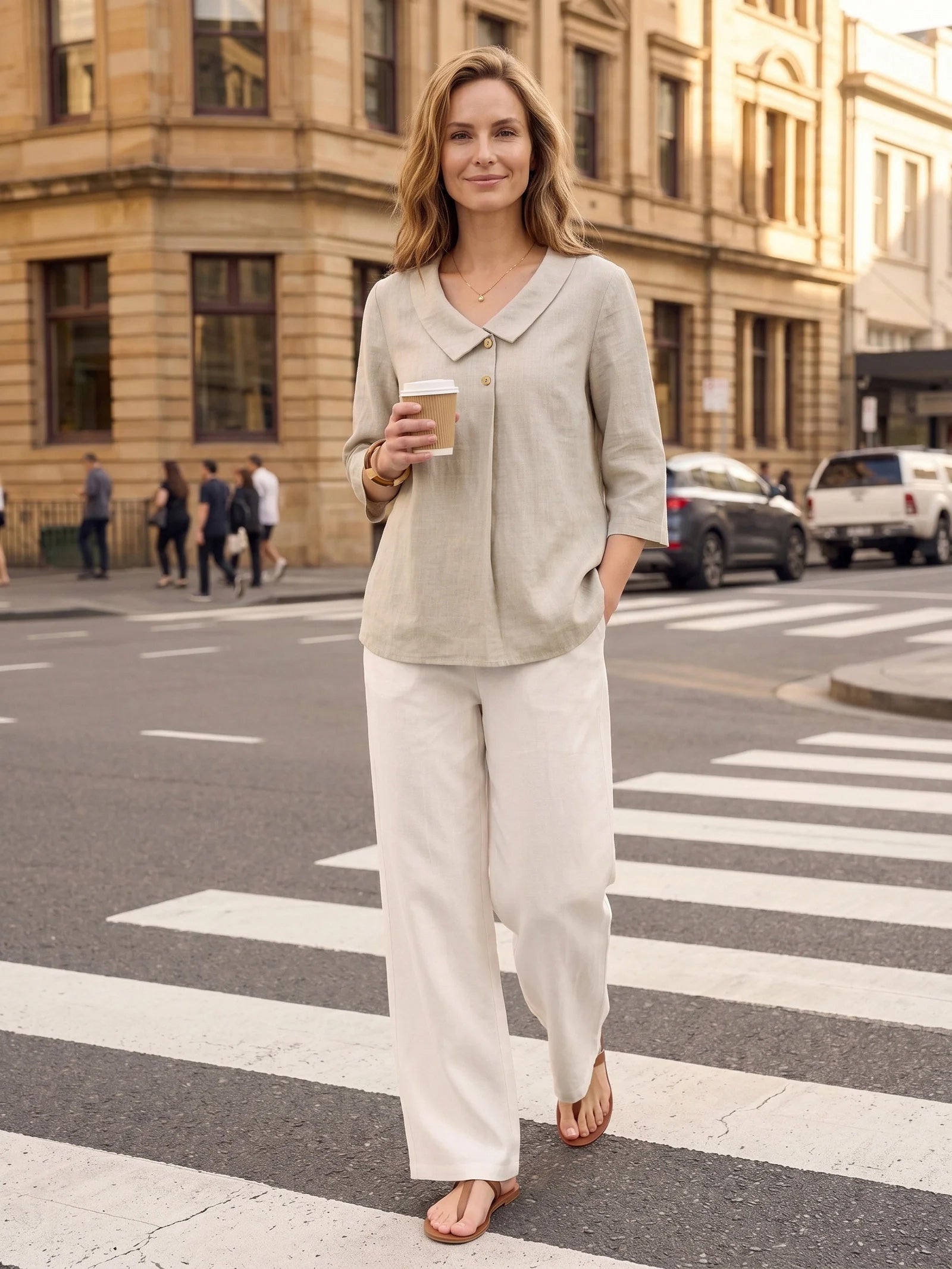Women's 100% Linen Long-Sleeve Top with Asymmetric Neckline and Inverted Pleat