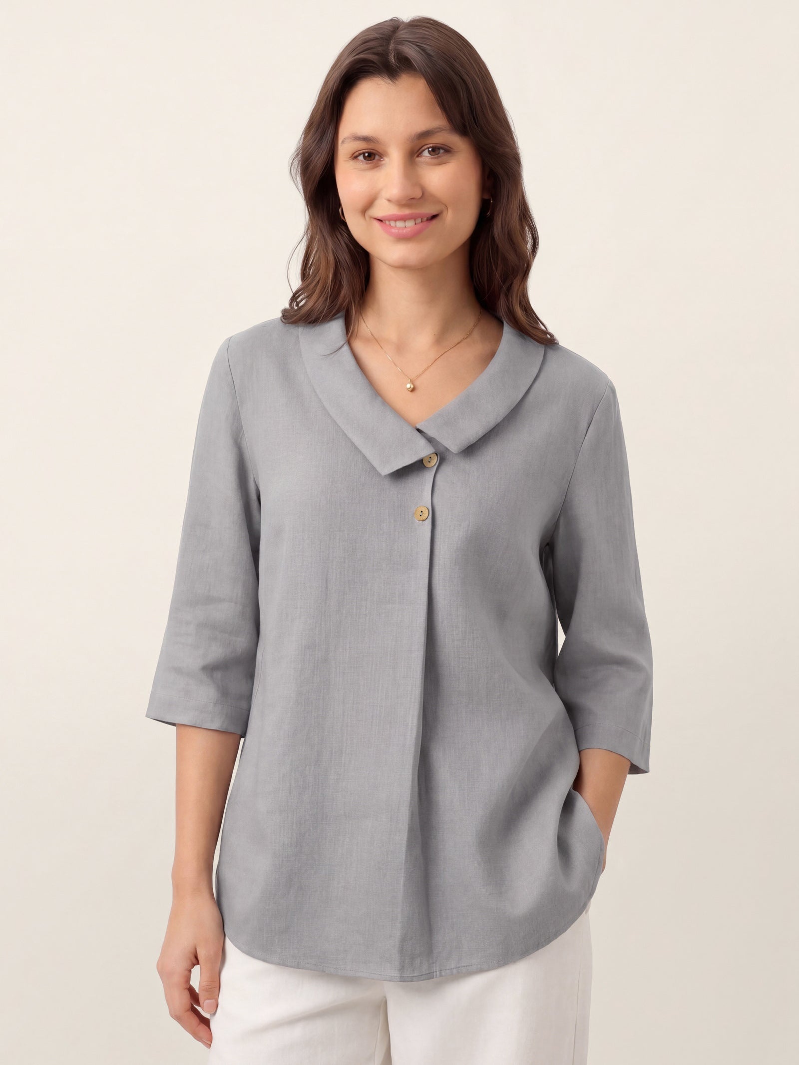Women's 100% Linen Long-Sleeve Top with Asymmetric Neckline and Inverted Pleat