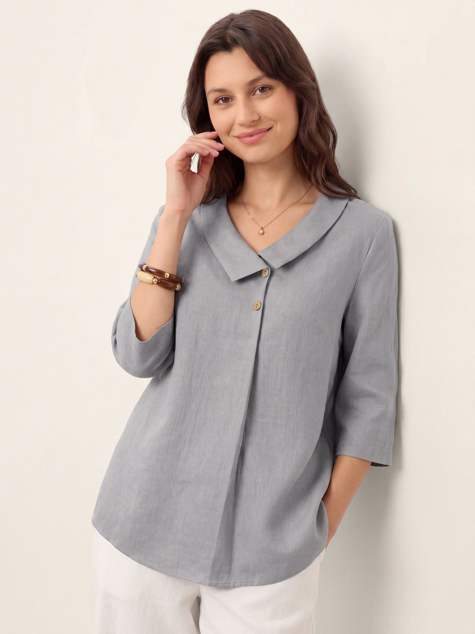 Women's 100% Linen Long-Sleeve Top with Asymmetric Neckline and Inverted Pleat