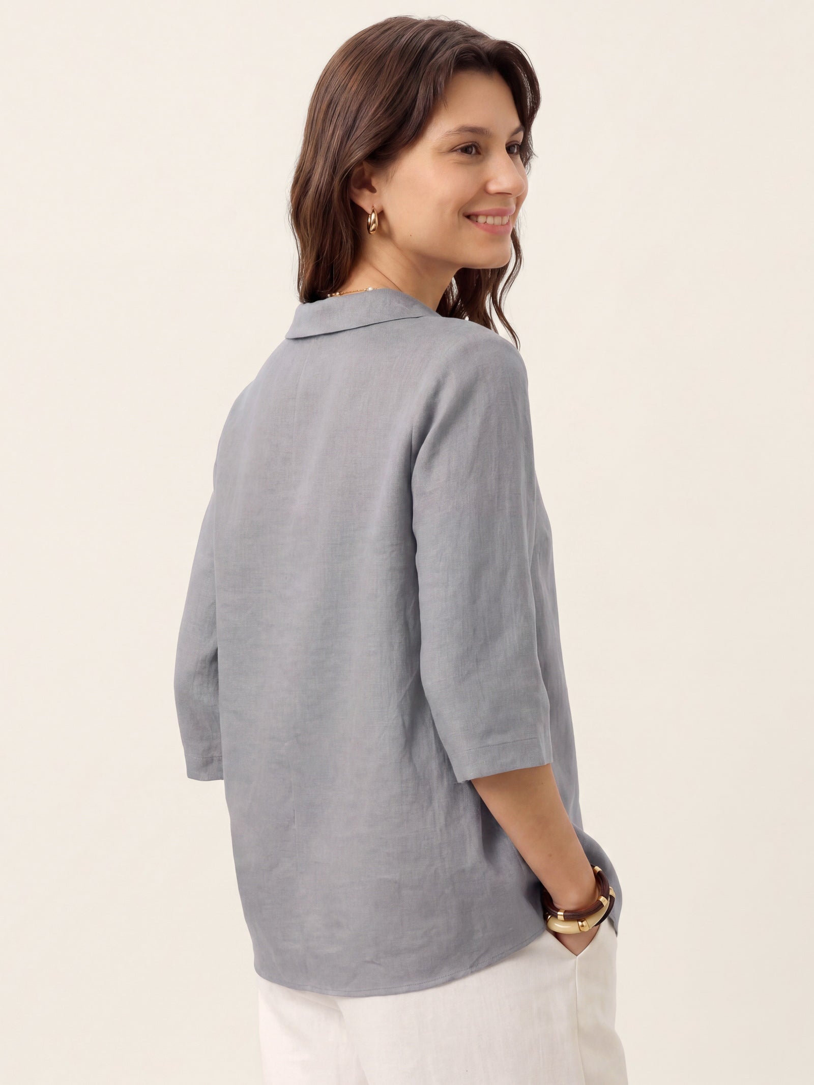 Women's 100% Linen Long-Sleeve Top with Asymmetric Neckline and Inverted Pleat