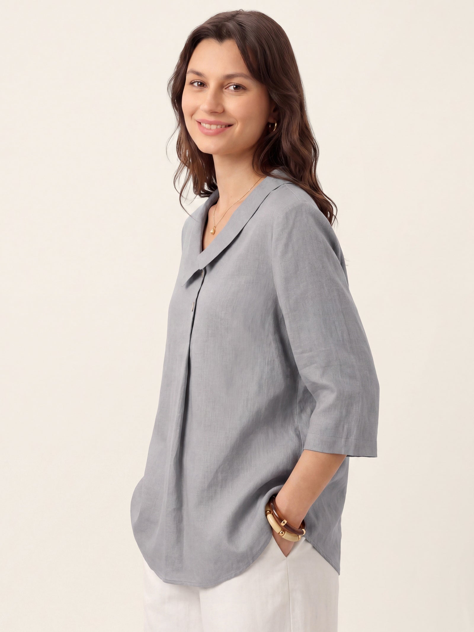 Women's 100% Linen Long-Sleeve Top with Asymmetric Neckline and Inverted Pleat
