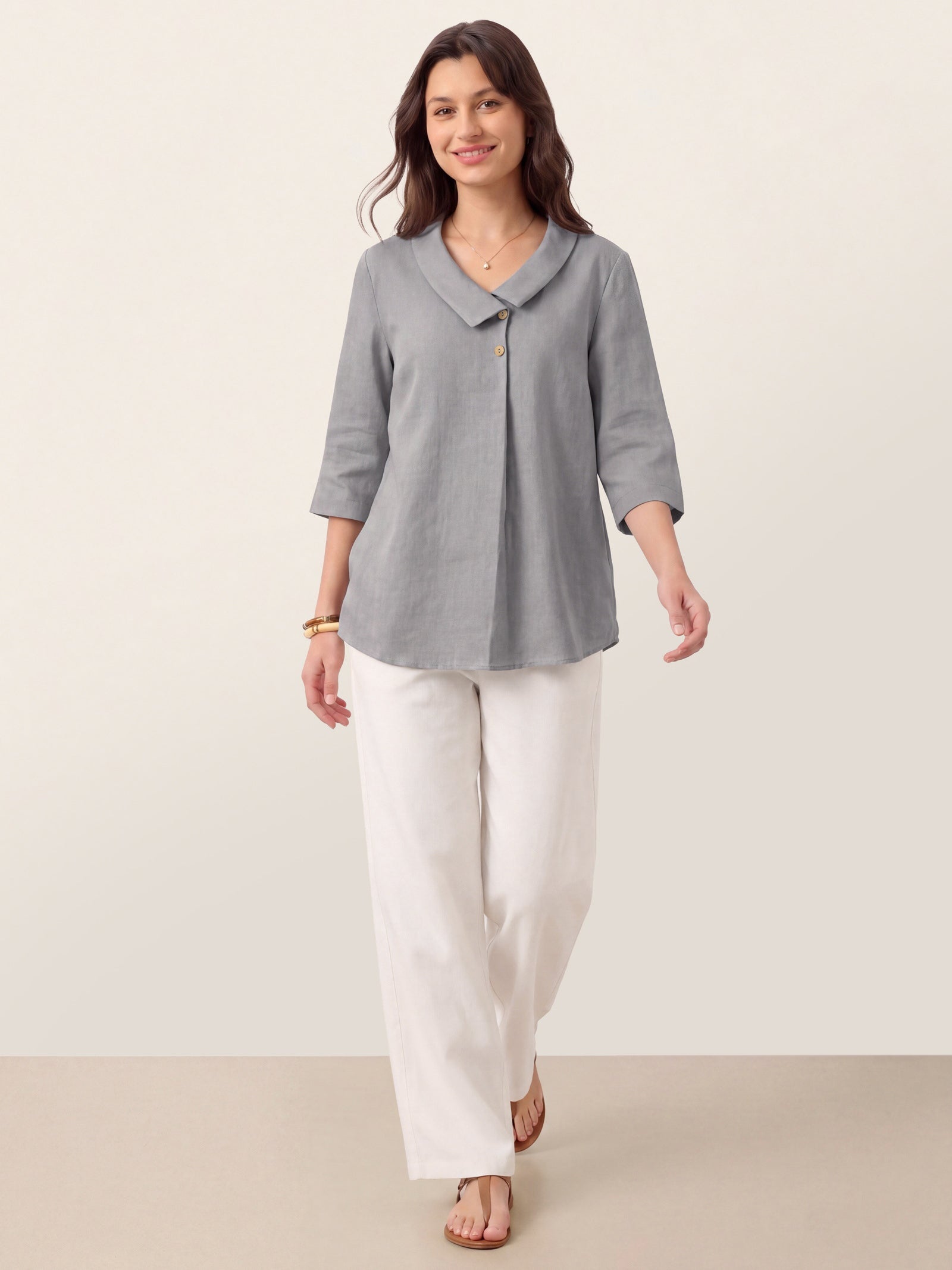 Women's 100% Linen Long-Sleeve Top with Asymmetric Neckline and Inverted Pleat