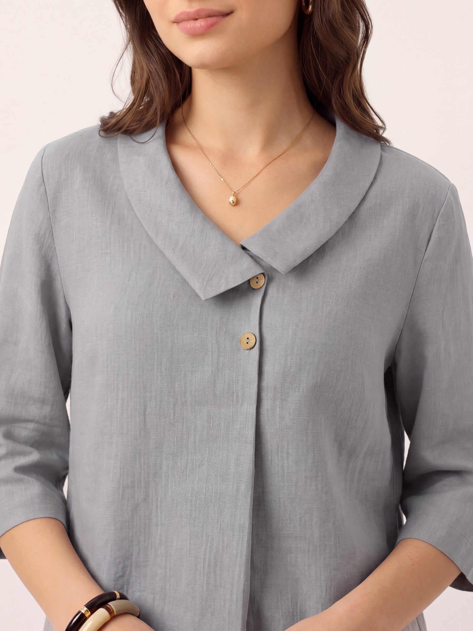 Women's 100% Linen Long-Sleeve Top with Asymmetric Neckline and Inverted Pleat