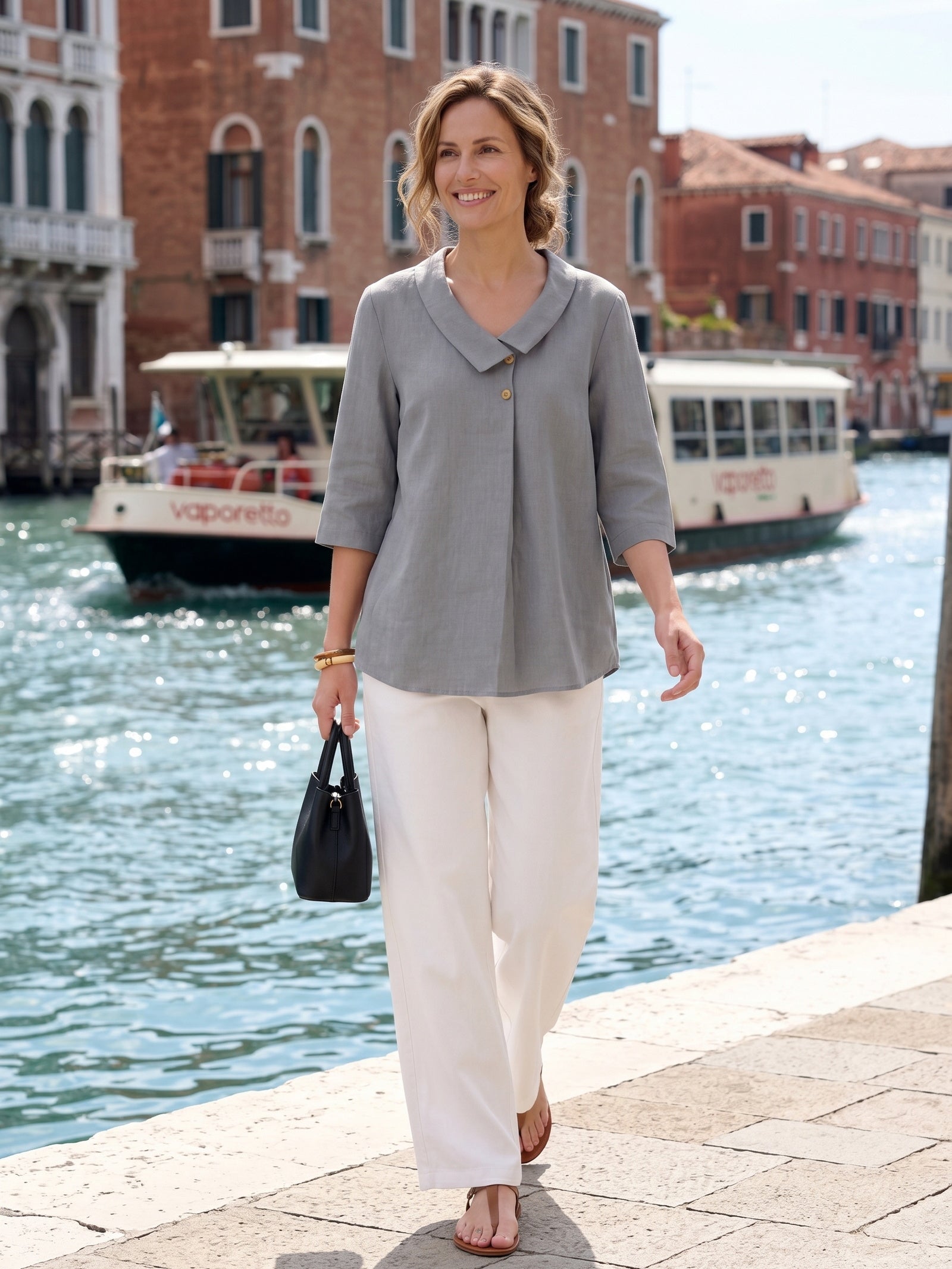 Women's 100% Linen Long-Sleeve Top with Asymmetric Neckline and Inverted Pleat