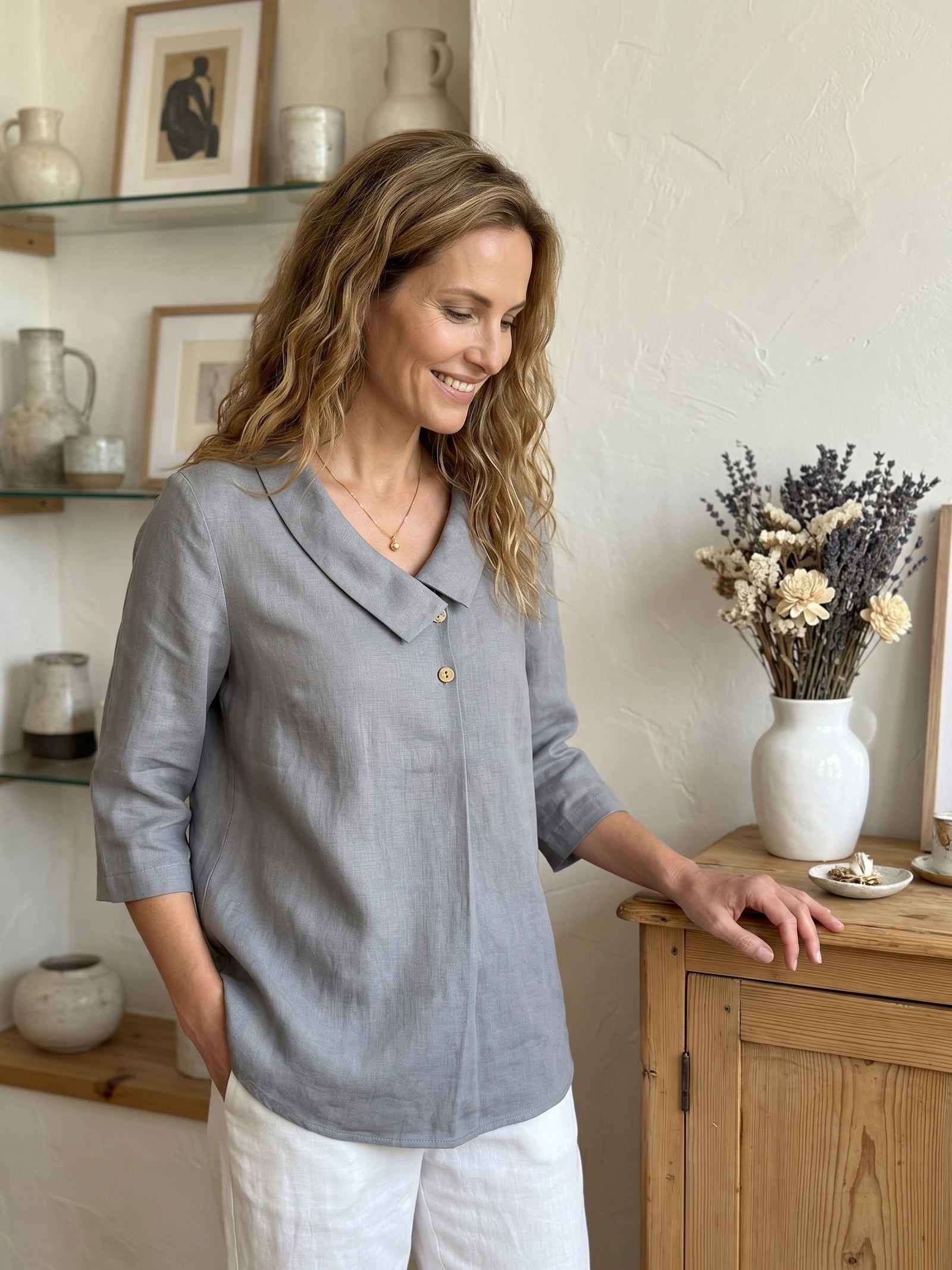 Women's 100% Linen Long-Sleeve Top with Asymmetric Neckline and Inverted Pleat