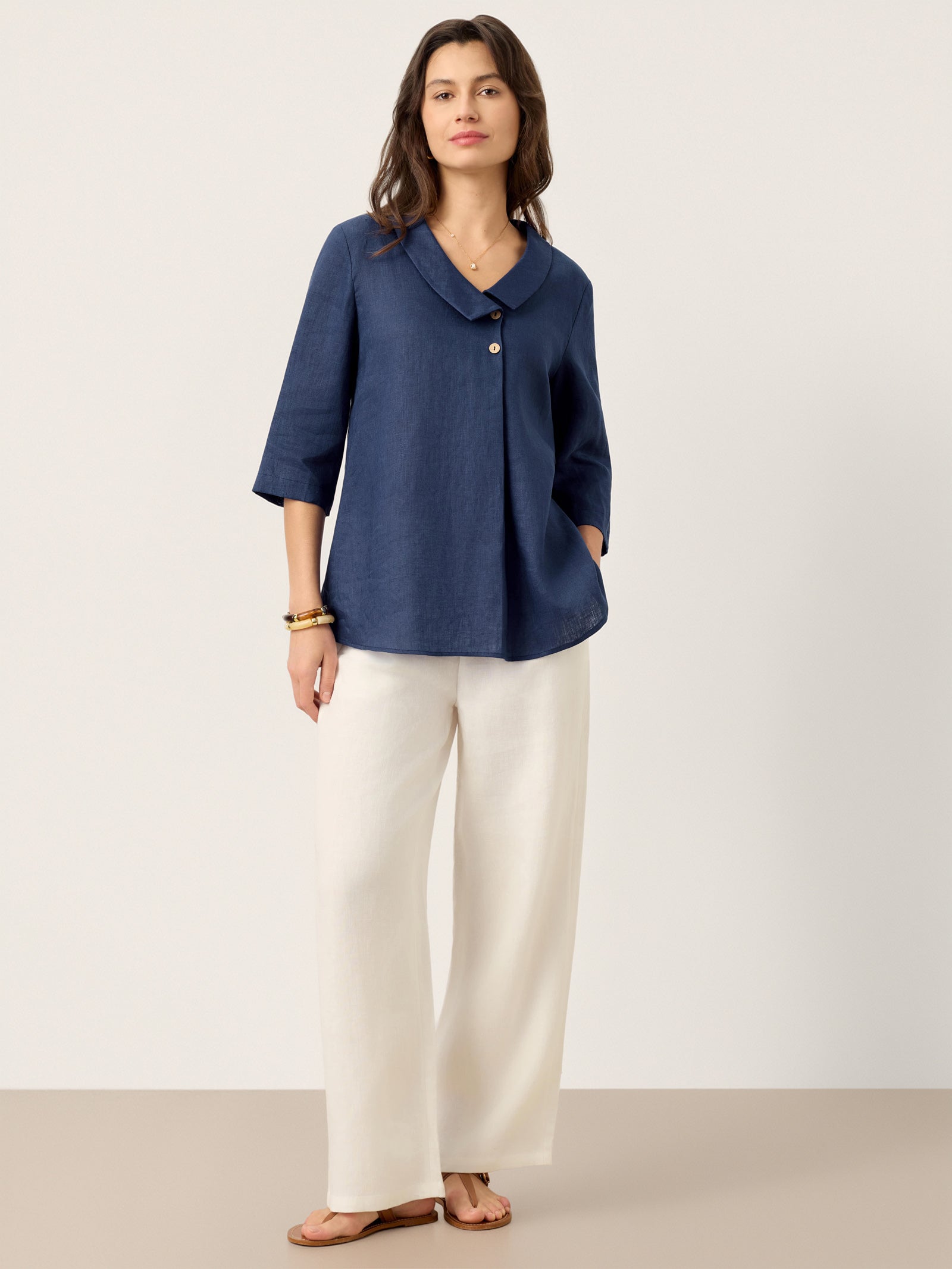 Women's 100% Linen Long-Sleeve Top with Asymmetric Neckline and Inverted Pleat