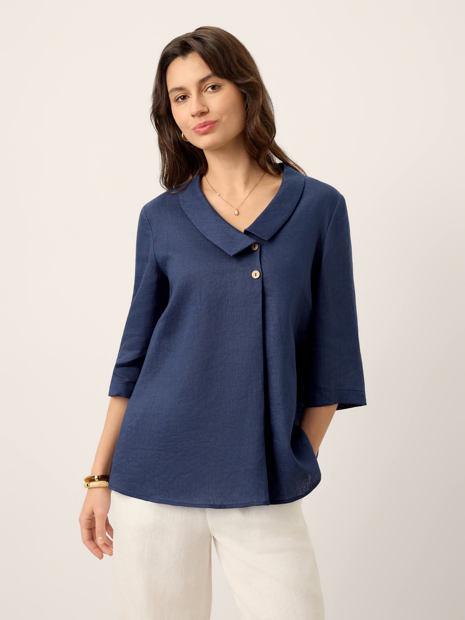 Women's 100% Linen Long-Sleeve Top with Asymmetric Neckline and Inverted Pleat