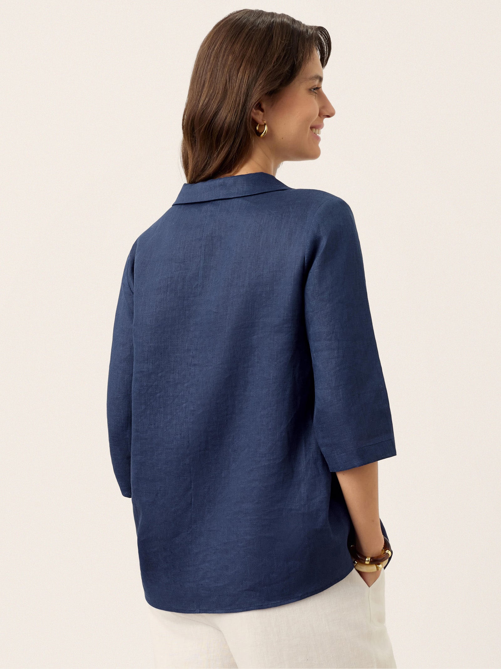 Women's 100% Linen Long-Sleeve Top with Asymmetric Neckline and Inverted Pleat