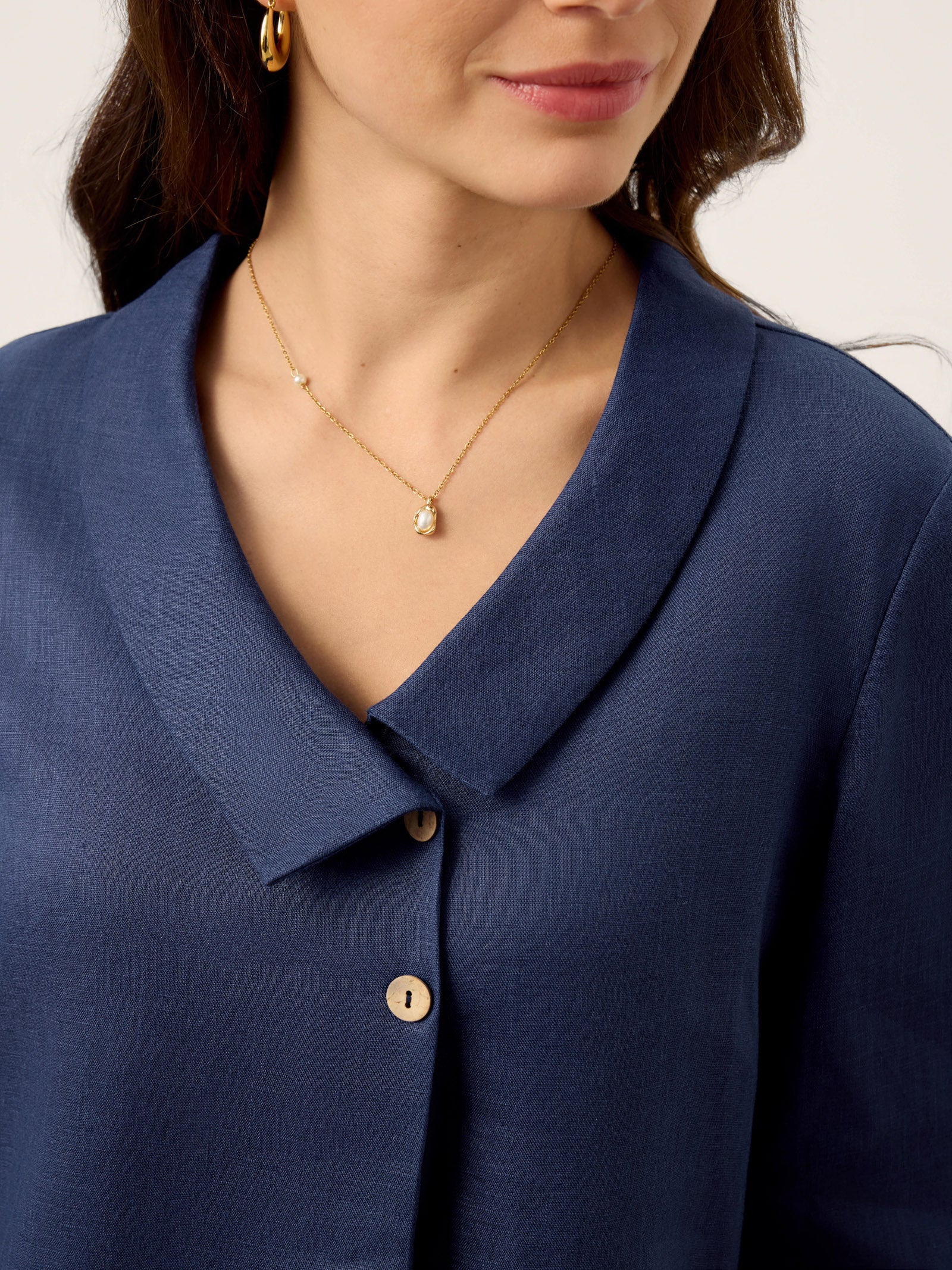 Women's 100% Linen Long-Sleeve Top with Asymmetric Neckline and Inverted Pleat