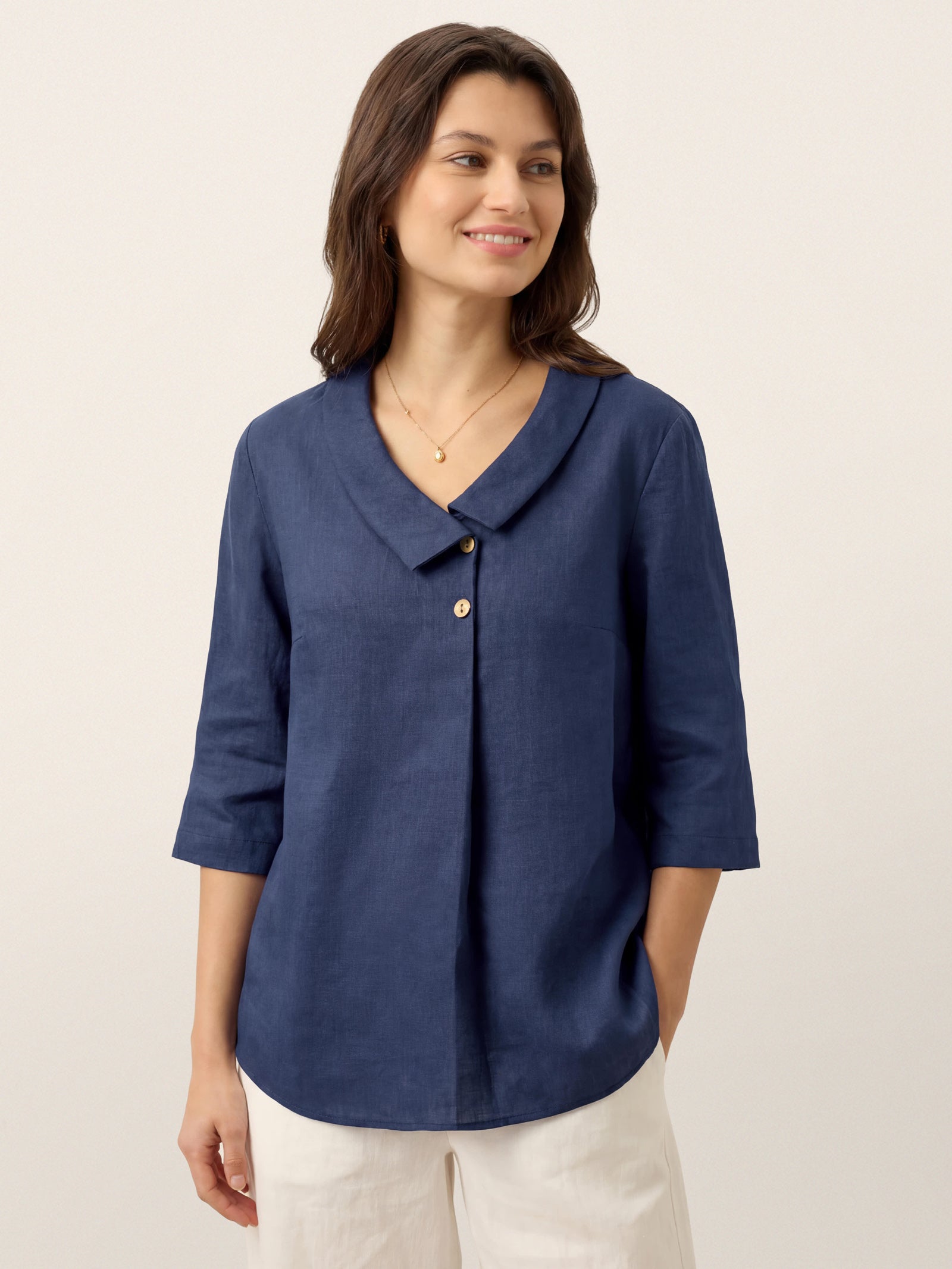 Women's 100% Linen Long-Sleeve Top with Asymmetric Neckline and Inverted Pleat