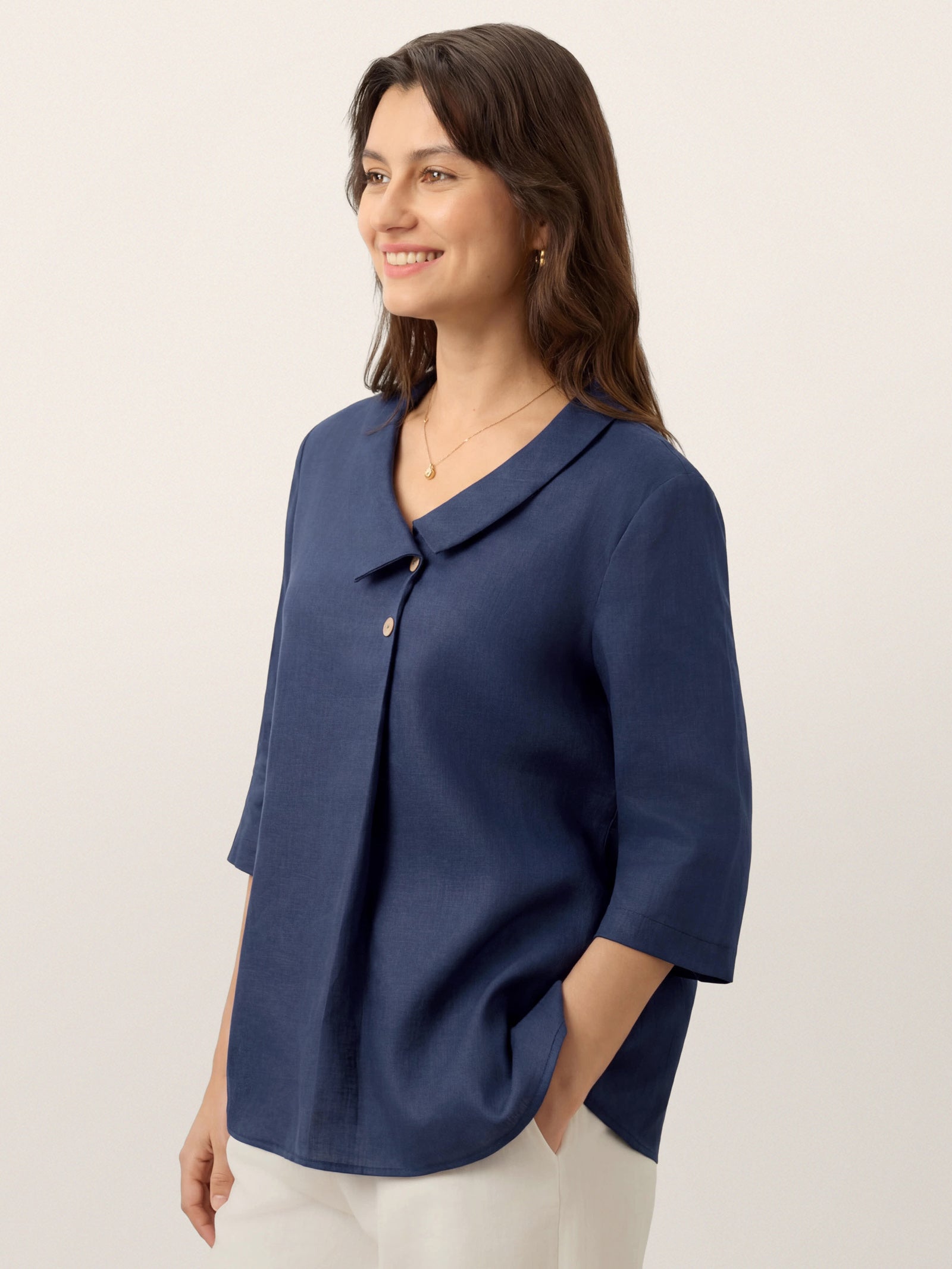 Women's 100% Linen Long-Sleeve Top with Asymmetric Neckline and Inverted Pleat