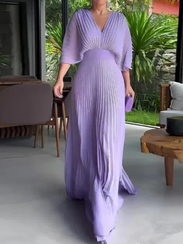 NEW🔥 V Neck Chiffon Back Tie Zipper Bat Sleeve Dress- Tax Free