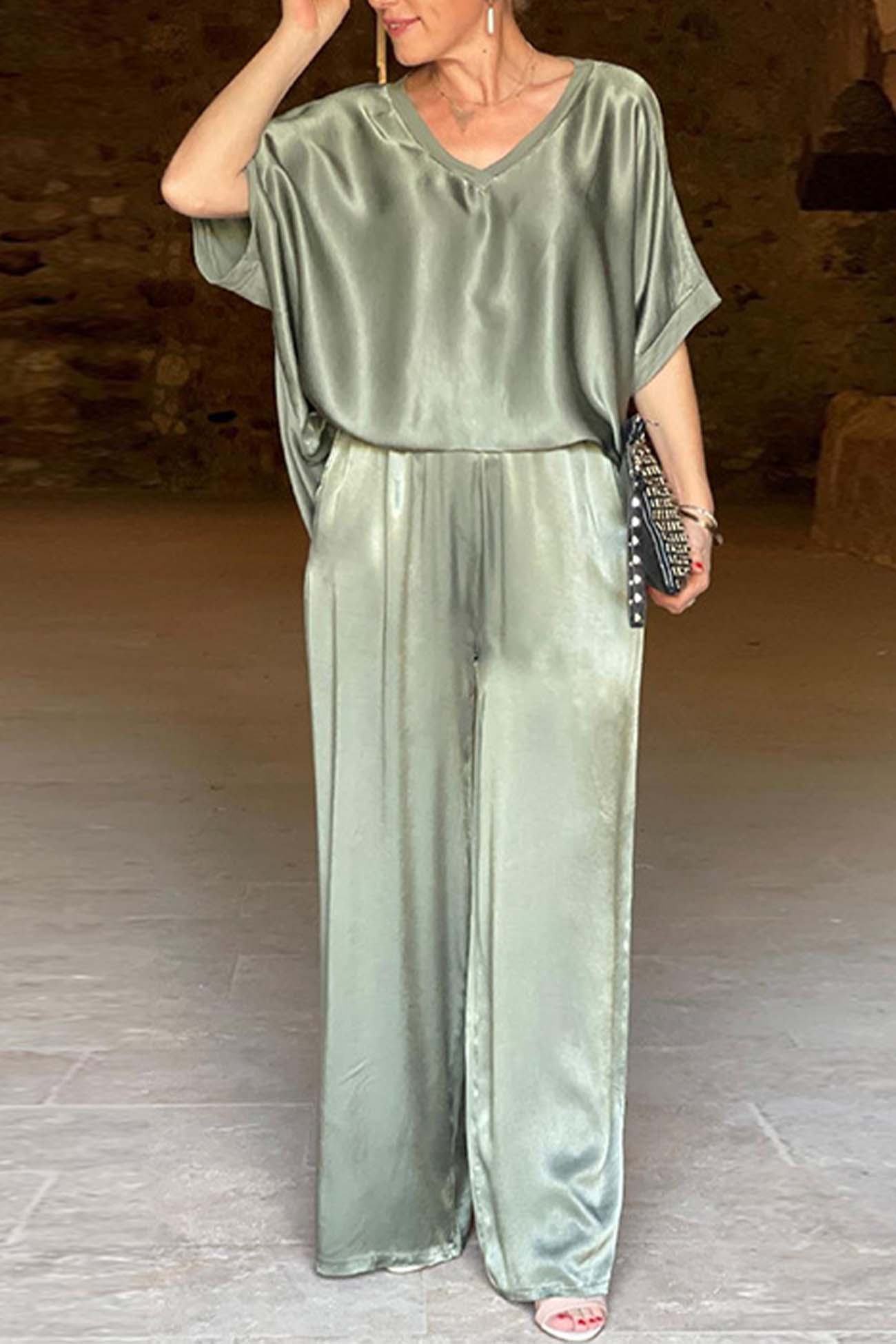 Women's V-Neck Tops Long Pants Set Casual Loose Outfit Summer Homewear Suit