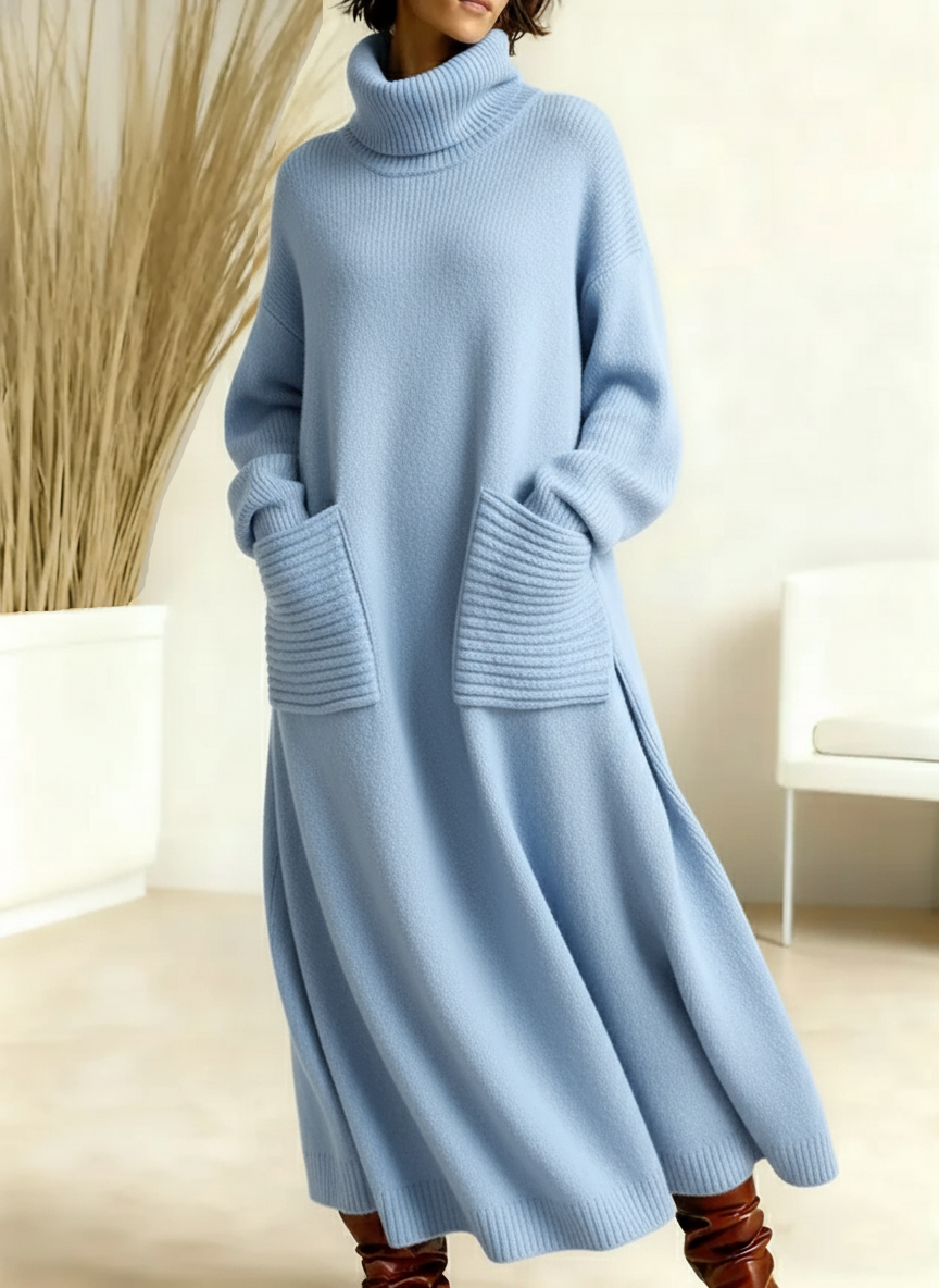 🎄 New Arrivals🔥 Women's Solid Color High-Neck Long-Sleeve Casual Loose Knit Dress
