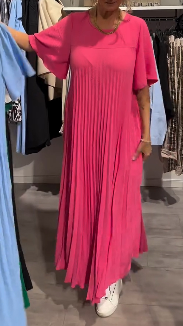 Women's Round Neck Pleated Casual Dress