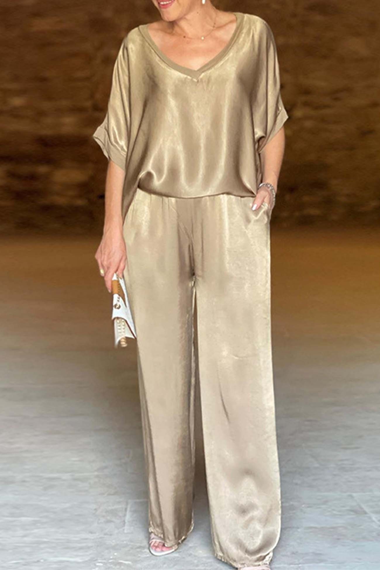 Women's V-Neck Tops Long Pants Set Casual Loose Outfit Summer Homewear Suit