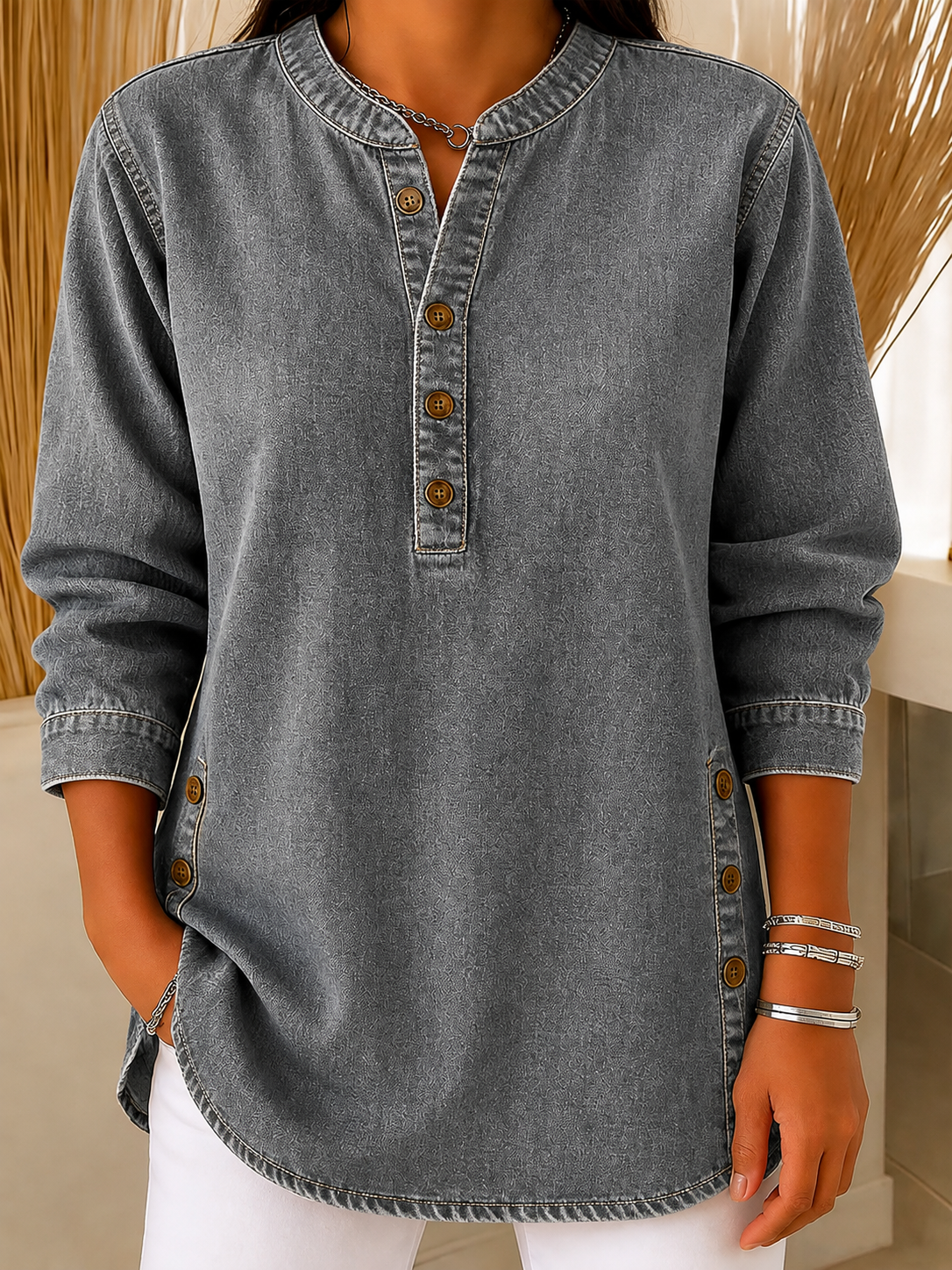 Women's V-neck Long-sleeved Casual Button-up Loose Denim Top