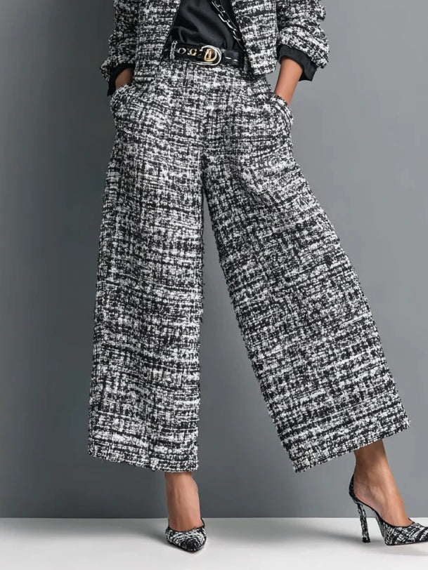 Tweed Cropped Jacket & High Waist Wide Leg Pants 2 Piece Set