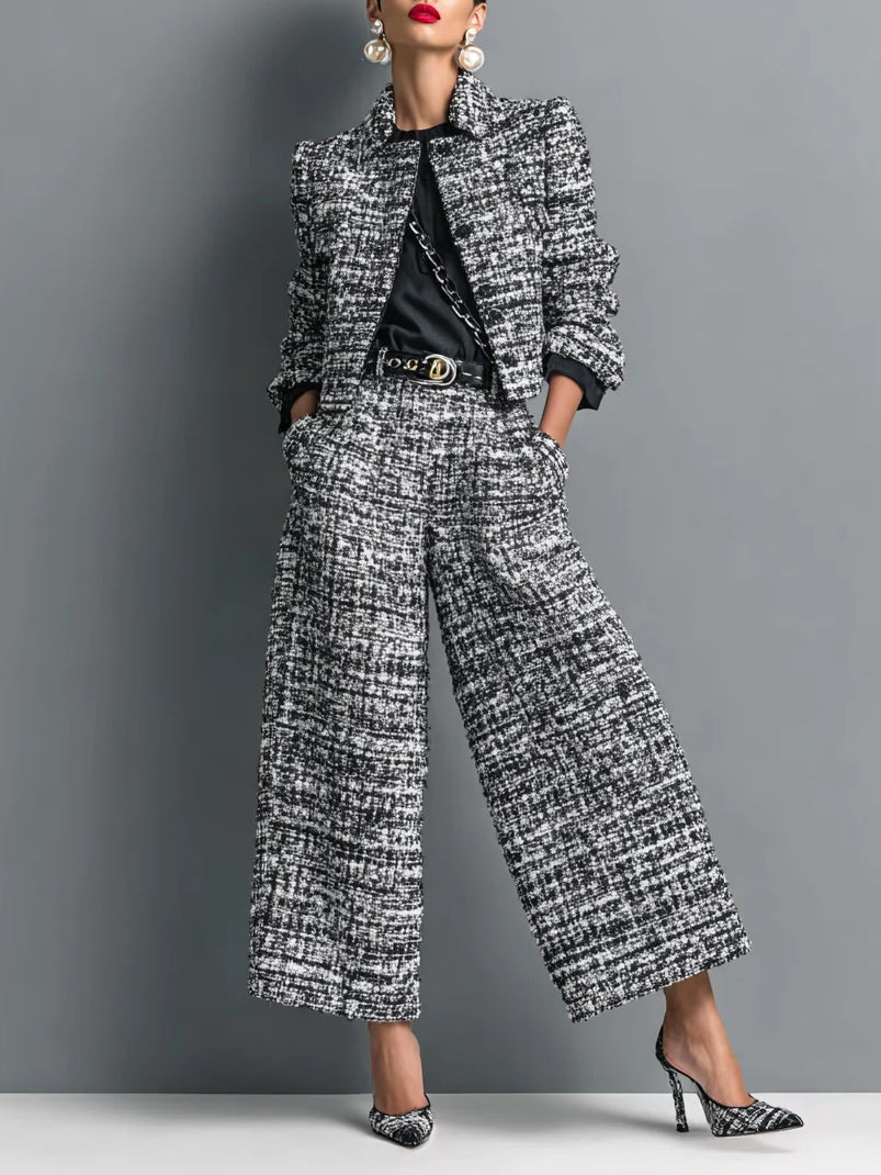 Tweed Cropped Jacket & High Waist Wide Leg Pants 2 Piece Set