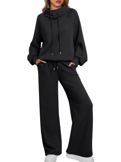 🎄Christmas Clearance 🔥 Women's Oversized Two-Piece Round Neck Drawstring Sweatshirt Wide Leg Sweatpants Casual Suit