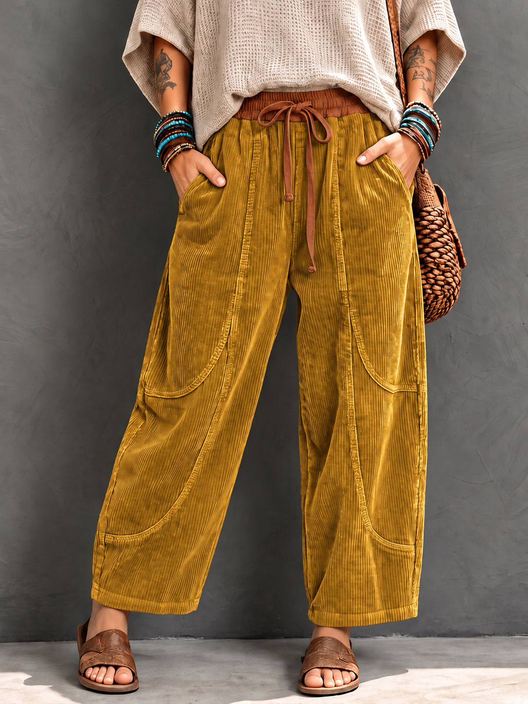 Casual Corduroy Harem Pants With Elastic Waist