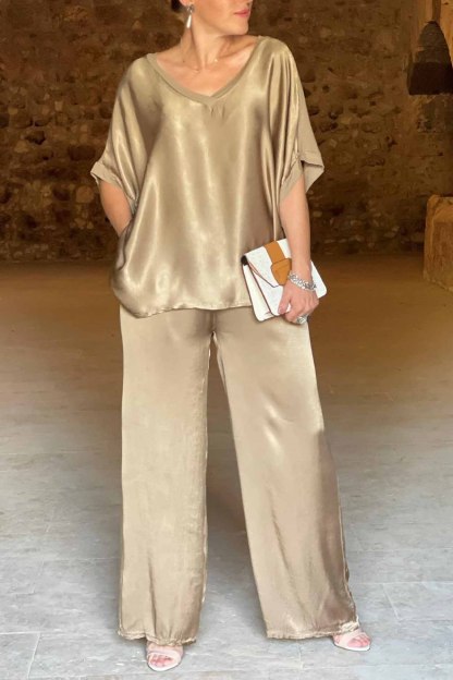 Women's V-Neck Tops Long Pants Set Casual Loose Outfit Summer Homewear Suit