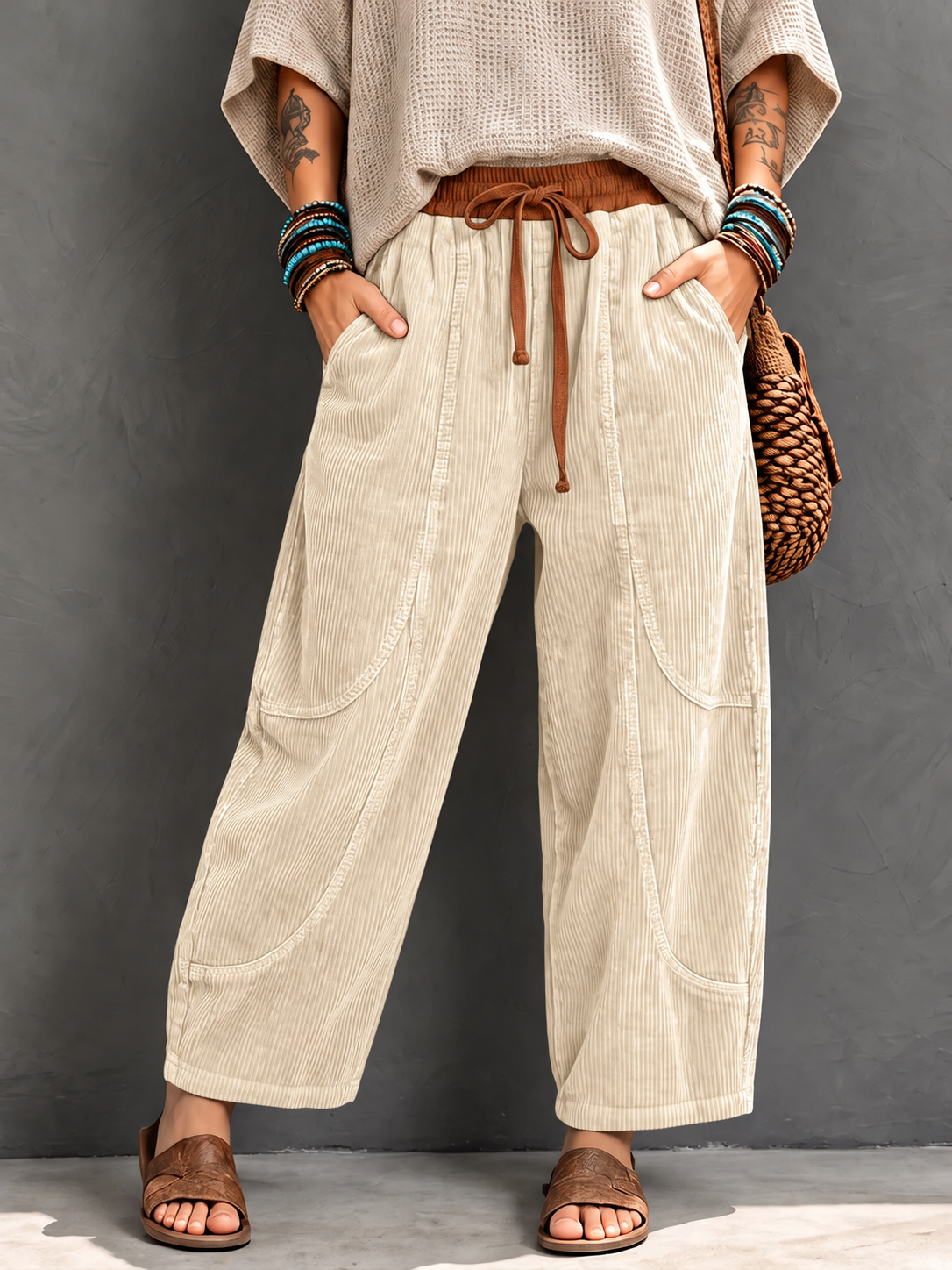Casual Corduroy Harem Pants With Elastic Waist