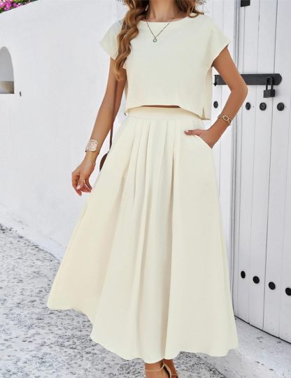 2025 Summer Skirt Sets Women 2 Piece Outfits Cap Sleeve Top Elastic Waist Maxi Dress Sets with Pockets