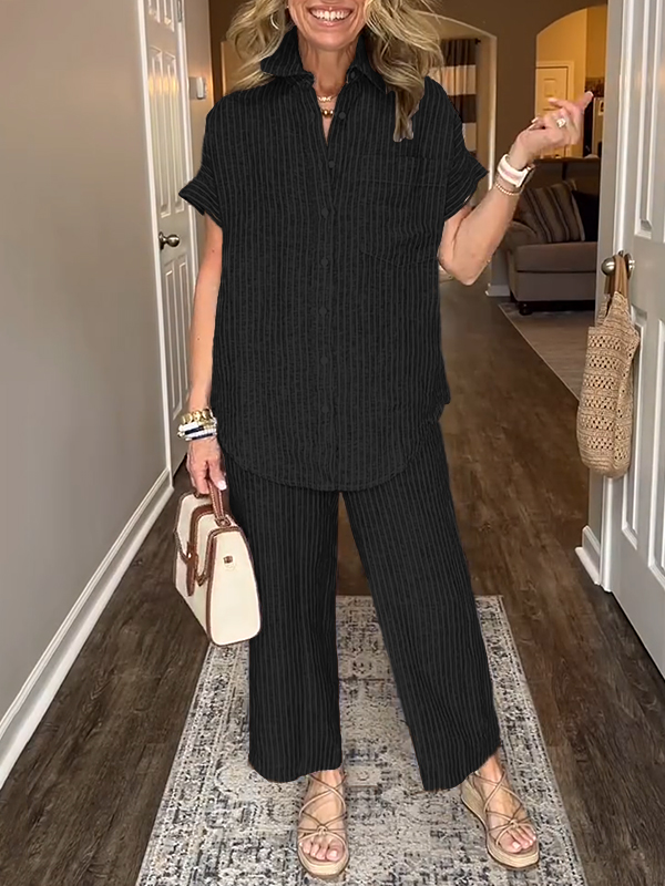 ⏰ LAST DAY SAVE 50% 💥Cotton Linen Striped Classic Pocket Shirt Set