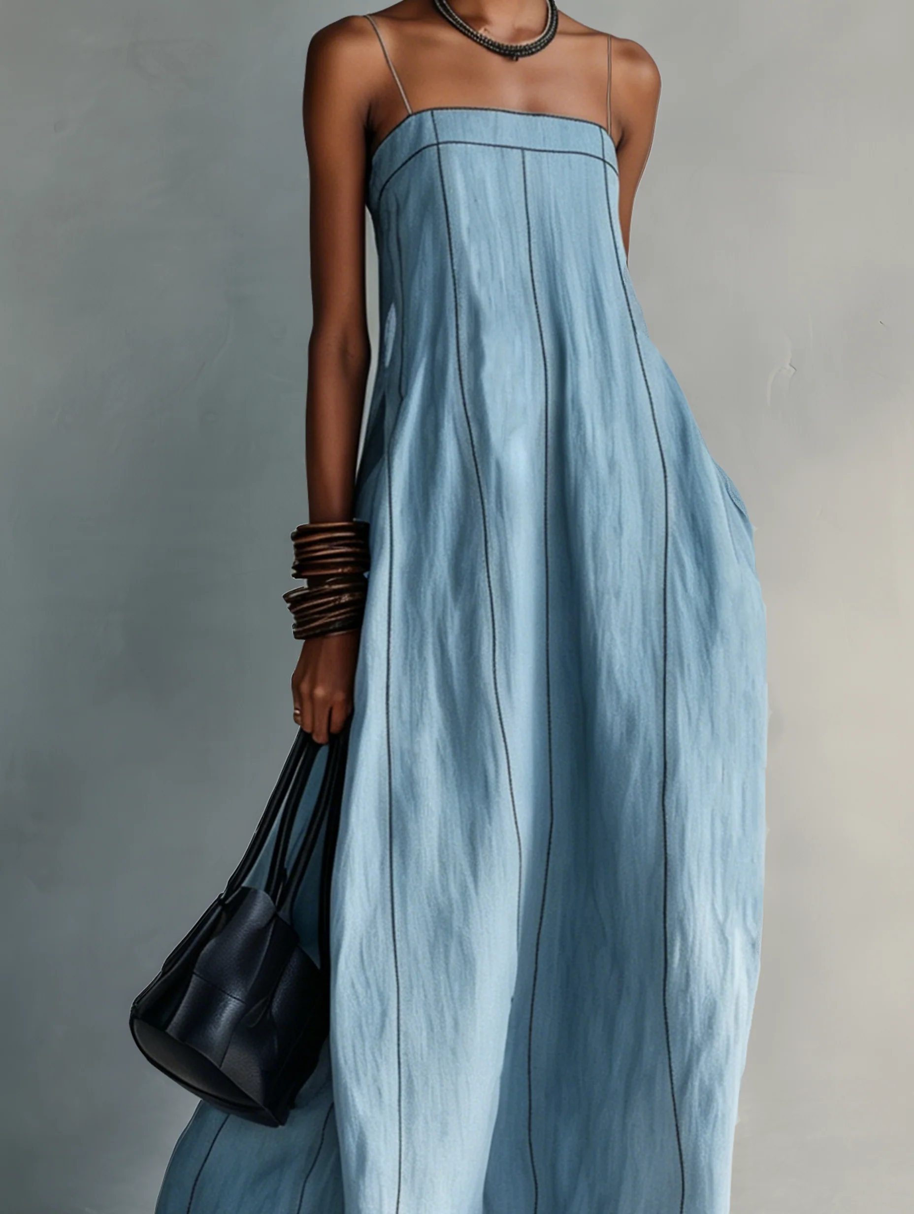 Women's Casual Blue Cotton-linen Sleeveless Camisole Maxi Dress