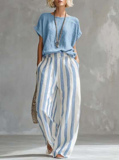 Cozy Loose-fit Striped Cotton-linen Two-piece Set