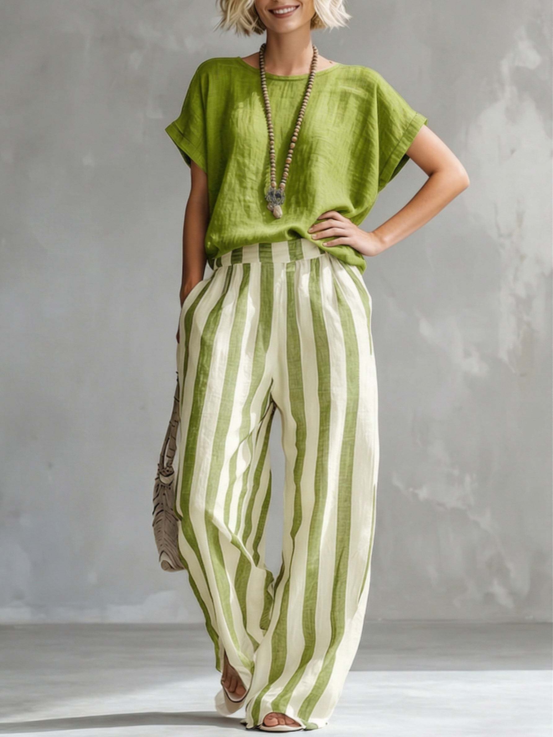 Cozy Loose-fit Striped Cotton-linen Two-piece Set