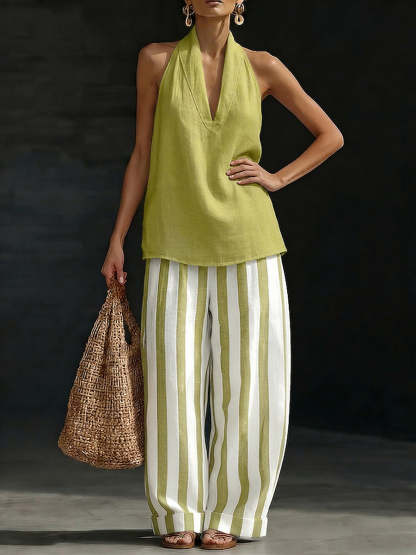 Classic Cozy Striped Cotton-linen Two-piece Set