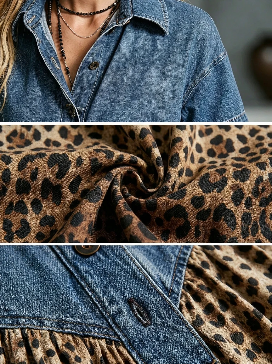 Women’s Denim Spliced Gradient Leopard Print Shirt Midi Dress