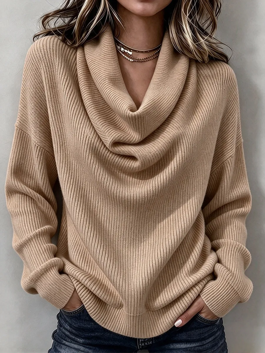 Women's Cowl Neck Knit Sweater, Long Sleeve Solid Pullover Top