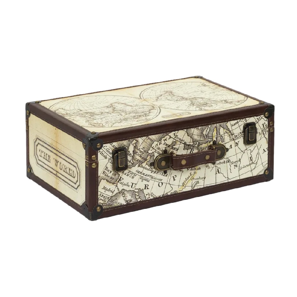 Caja de Almacenamiento con Mapa Mundial Vintage, Esquinas Metálicas y Asa-christinetaylor.shop