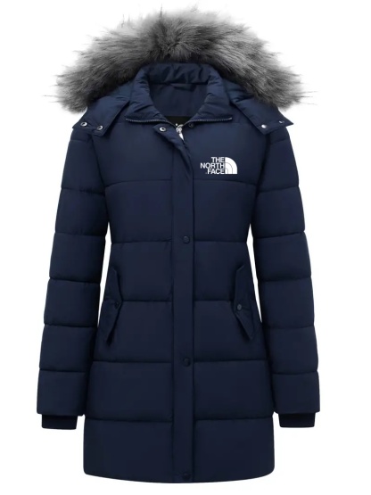 2025 TNF®Women's coat, fur trim hooded padded jacket, casual long sleeve slim fit warm autumn and winter coat