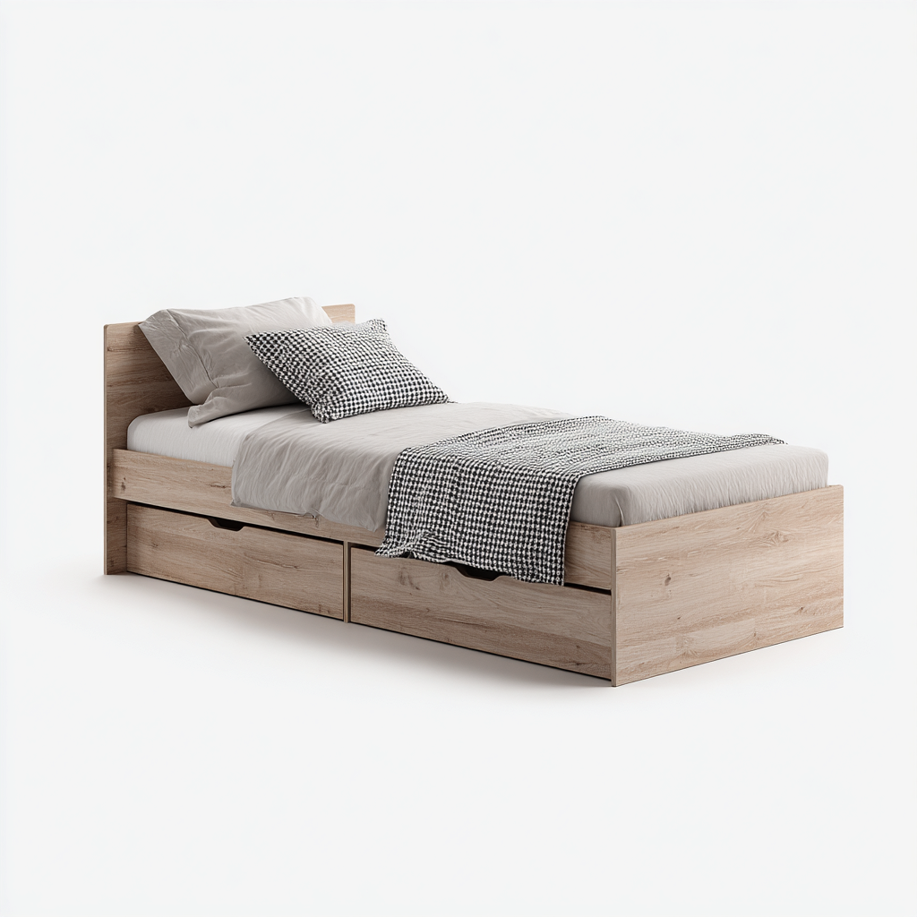 Letto Singolo - Legno Rovere Chiaro - 200x90x60 Cm - Con Cassetti Contenitore-Nichesta