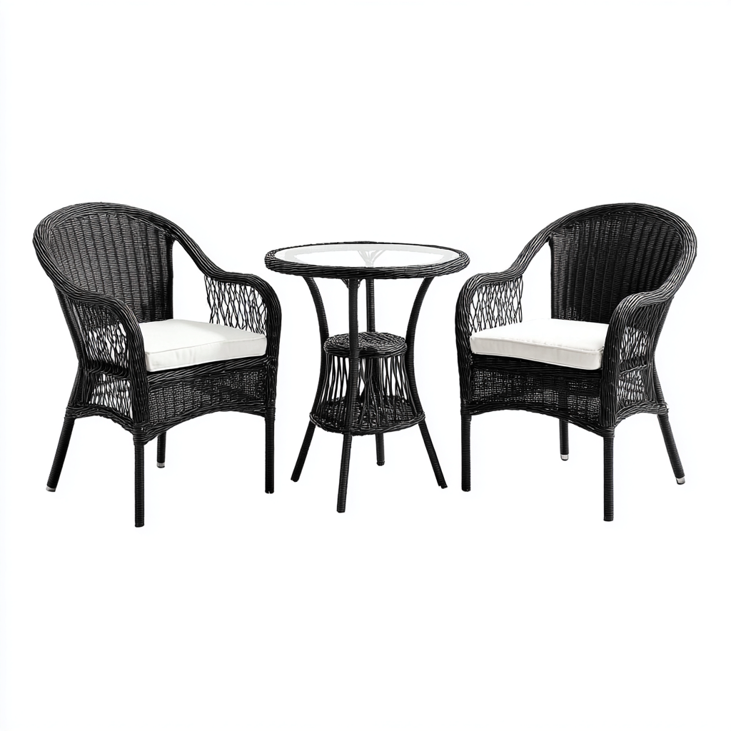 Divani Da Esterno Set 2 Poltrone E Tavolino In Rattan Sintetico 60X60X87 Cm Nero-Beige Per Balcone E Giardino Stile Moderno-Nichesta