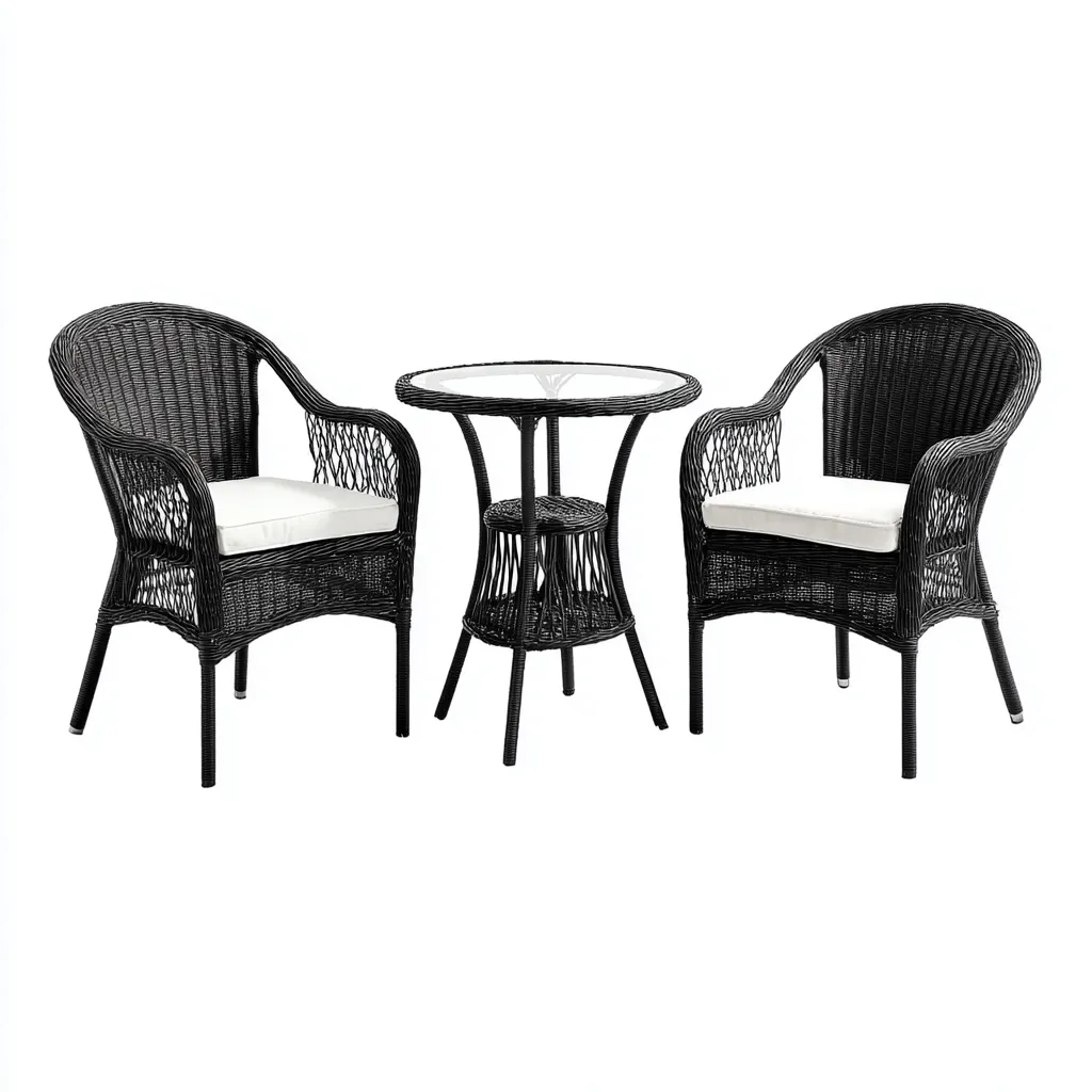 Divani Da Esterno Set 2 Poltrone E Tavolino In Rattan Sintetico 60X60X87 Cm Nero-Beige Per Balcone E Giardino Stile Moderno-Nichesta