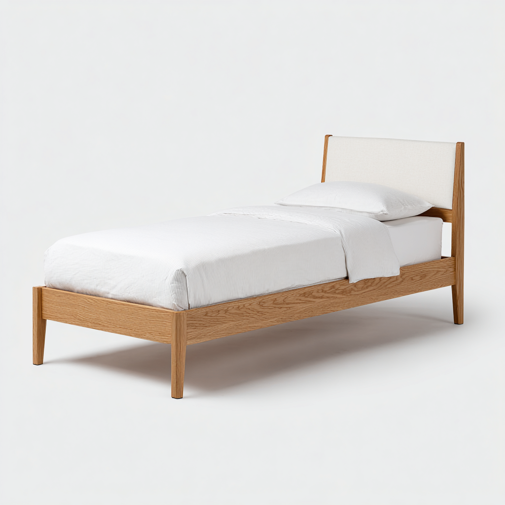 Letto Singolo - Legno Rovere Chiaro Con Testiera Imbottita - 200x90x85 Cm - Design Moderno-Nichesta