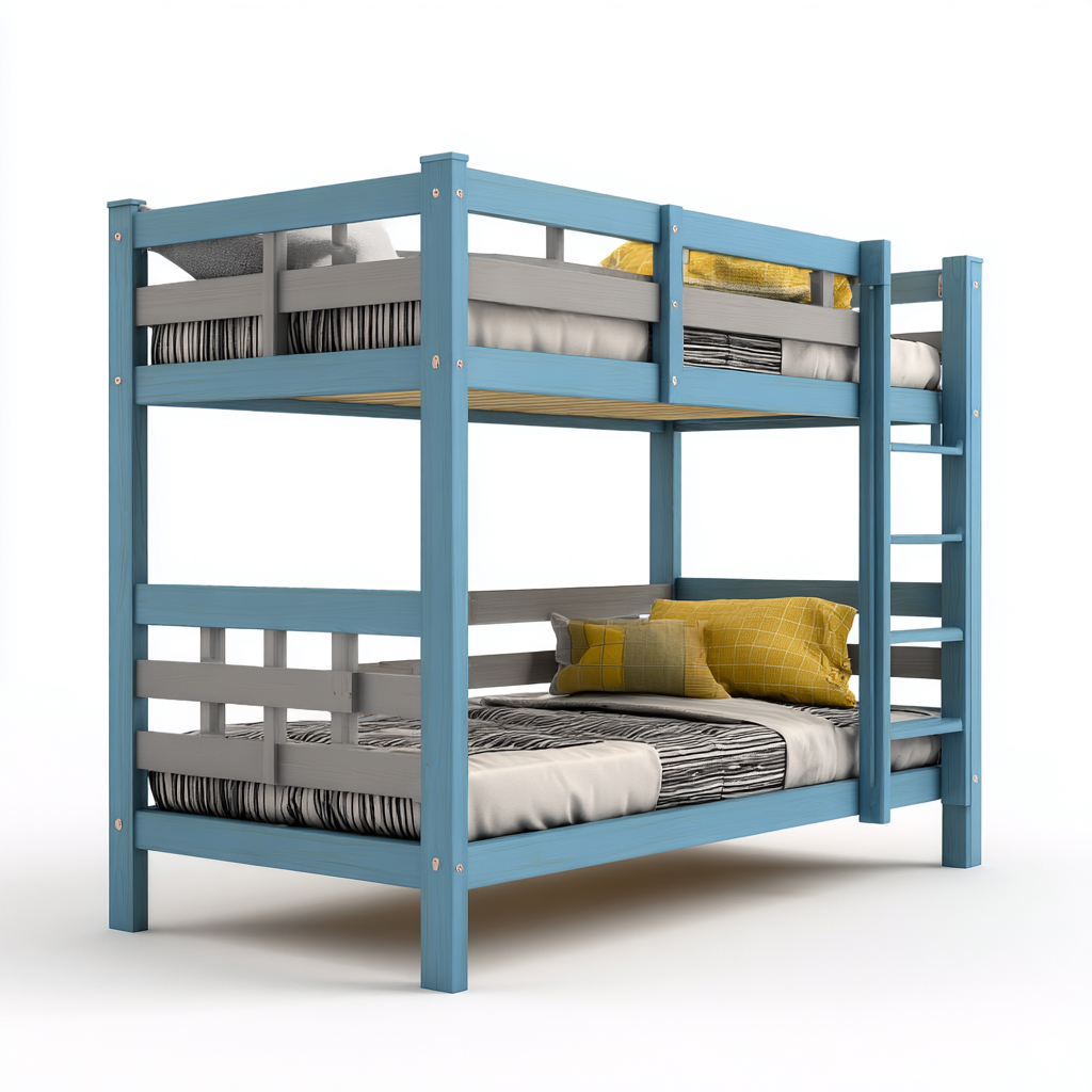 Letti A Castello In Legno 205X145X165 Cm - Blu-Grigio - Design Moderno Con Scala Frontale-Nichesta