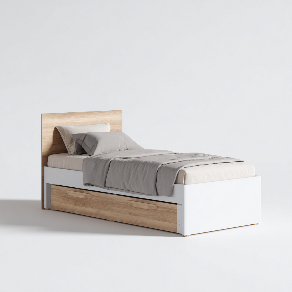 Letto Singolo Con Contenitore 200X100X95 Cm - Bianco-Rovere - Stile Moderno-Nichesta