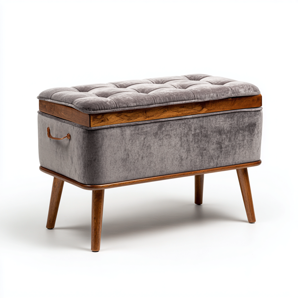 Panca Da Ingresso Contenitore Velluto 72X35X47 Cm - Grigio-Legno - Design Vintage-Nichesta